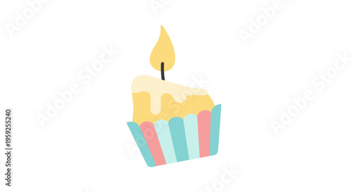 A colorful illustration of a cupcake with a lit candle on top.