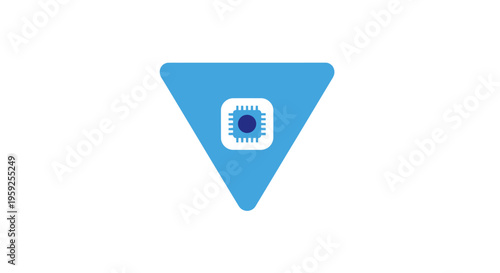 Blue triangle with a white square.