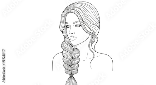 Elegant Woman with Long Braided Hair, Sketch Style Portrait