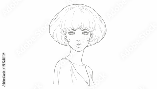 Elegant Woman with Voluminous Bob Hairstyle, Pencil Sketch Portrait