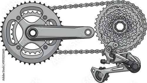 Bicycle drivetrain components including a chainring, cassette, and rear derailleur are depicted in a detailed mechanical illustration.