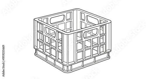 Empty Plastic Milk Crate, Outline Drawing, Industrial Container for Bottles