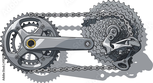 Bicycle drivetrain closeup details the chainrings, crank arm, cassette cogs, and rear derailleur mechanism.