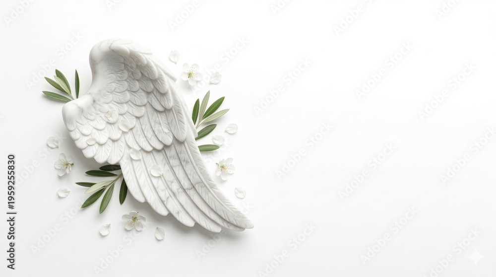 Obraz premium White marble angel wing sculpture with olive leaves and scattered blossom petals isolated on white background