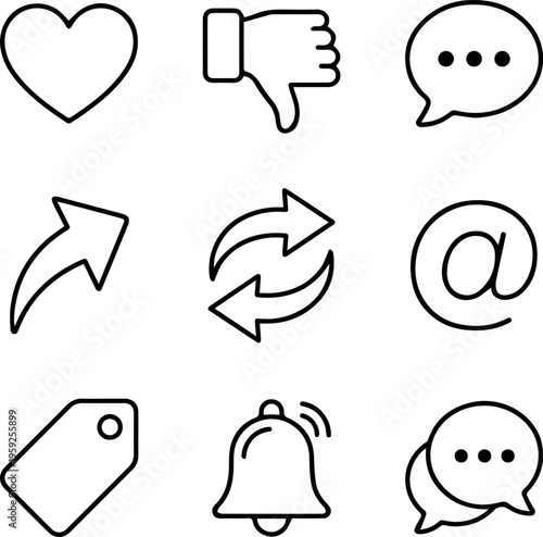 Social media interaction icon set featuring feedback and tag symbols for community engagement usage
