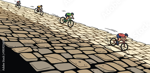 A small group of competitive cyclists ascends a steep hill paved with large, irregular, textured stones.