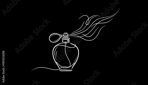 Elegant Perfume Bottle with Scent Swirls - Minimalist White Line Art on Black
