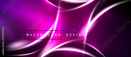 Vibrant purple abstract lines create dynamic energy. Dark background emphasizes glowing curves, modern design element.