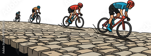 Several racers ride bicycles uphill on a difficult road surface composed entirely of uneven cobblestones.