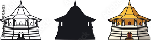Collection of three distinct vector graphic designs representing the sacred Temple of the Tooth Relic structure in Kandy Sri Lanka on white background