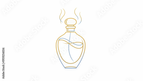 Elegant perfume bottle with subtle aroma lines, minimalist design, isolated on white