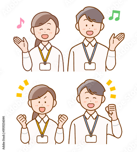 吊り下げ名札のスタッフ(男女)イラストセット｜案内・ガッツポーズ