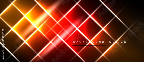 Vibrant neon lines form geometric patterns. Red, orange hues dominate dark background. Modern design element for digital projects.