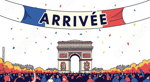 Finish line banner reading "ARRIVÉE" hangs over the Arc de Triomphe during a celebratory sporting event with confetti falling.
