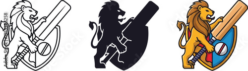 Ferocious heraldic lion mascot illustration gripping a large cricket bat with a protective shield and ball emblem design on white background
