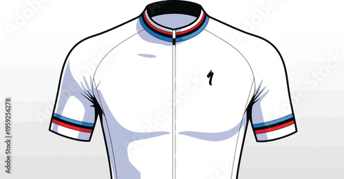 Detailed illustration of a short-sleeved white cycling jersey featuring red, white, and blue trim on the collar and sleeves.