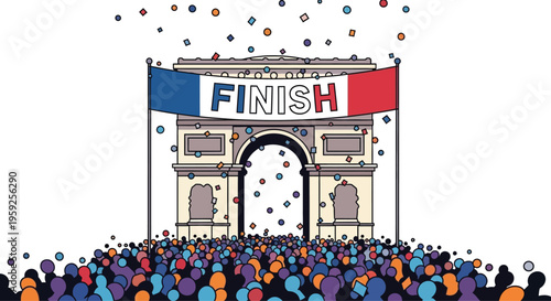 Crowd watches cyclists cross the finish line banner draped across the Arc de Triomphe monument in Paris.
