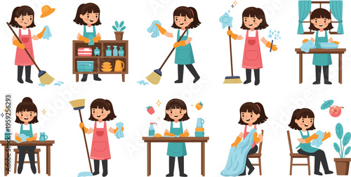 Woman cleaning house set with different household chores and hygiene activities vector illustration