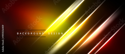 Abstract design features vibrant diagonal lines. Gradient transitions from red to yellow create dynamic visual effect. Dark background enhances luminosity.