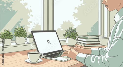 A man sits at a wooden desk with a laptop, coffee cup, and stack of books in a bright room with plants on the windowsill.