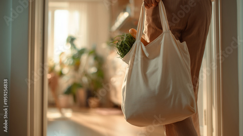 Person holding cloth bag with groceries walking into apartment, hallway slightly messy, soft natural light, candid lifestyle, eco shopping, reusable, sustainable living, copy space