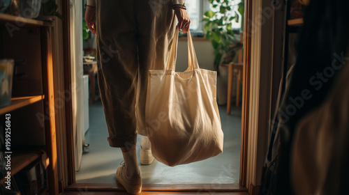 Person holding cloth bag with groceries walking into apartment, hallway slightly messy, soft natural light, candid lifestyle, eco shopping, reusable, sustainable living, copy space