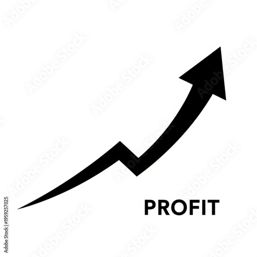 A black vector graphic icon of an upward trending arrow with the word PROFIT in a modern flat design style