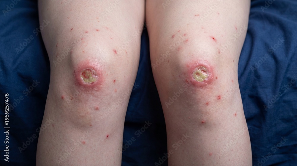 Naklejka premium Wounded knees with severe skin infections and lesions