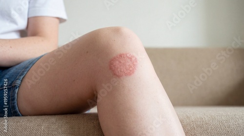 Woman showing ringworm infection on knee and thigh area clearly