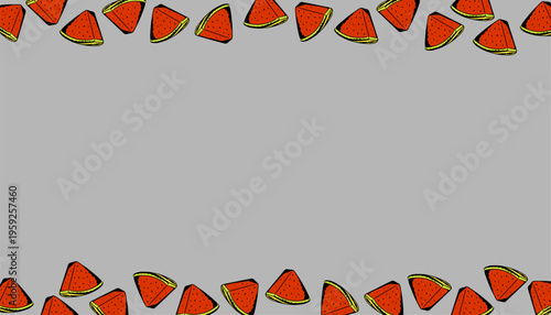 Watermelon background pattern. Handdrawn fruit repeat background. Slice outline minimal style. Summer food texture design. Fresh wrapping surface.