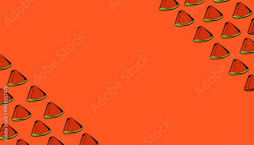 Watermelon background pattern. Handdrawn fruit repeat background. Slice outline minimal style. Summer food texture design. Fresh wrapping surface.