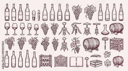 A comprehensive collection of vintage-style illustrations depicting various wine-related items, including bottles, glasses, barrels, corkscrews, and grapevines.