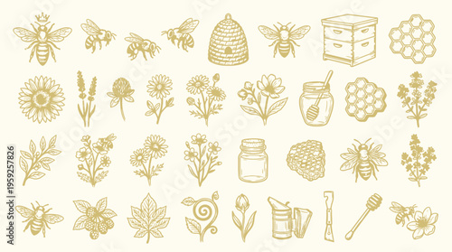 A collection of vintage-style illustrations featuring bees, honeycombs, beehives, flowers, and other related elements in a golden hue on a cream background.