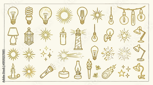 Collection of various light sources and illumination elements, including bulbs, lamps, candles, and celestial phenomena.