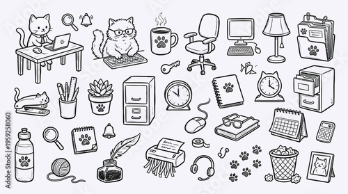 A whimsical collection of cute cat-themed office supplies and desk accessories, featuring cats working at computers, filing cabinets, and various stationery items.