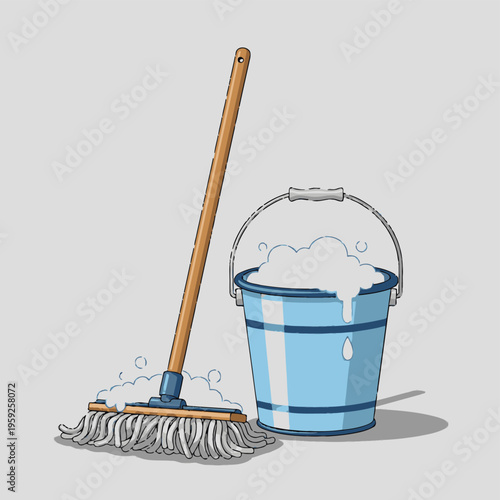 Mop and bucket with soap suds.