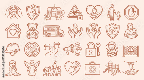 Collection of line art icons representing child safety, protection, and well-being in various settings.