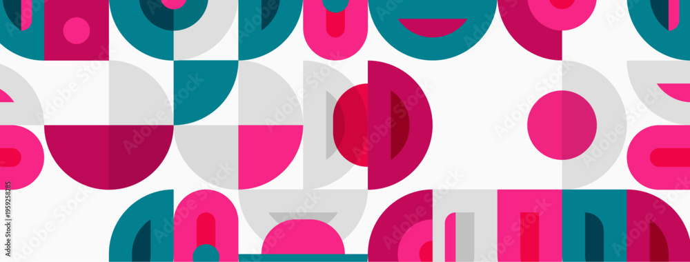 Fototapeta premium Abstract pattern features overlapping circles, semicircles. Pink, teal, gray hues create playful, modern aesthetic. Simple shapes repeat across white background.
