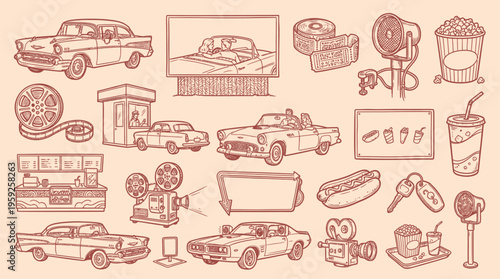 A vintage illustration showcasing a collection of classic American drive-in movie theater elements, including cars, concession stands, and film equipment.