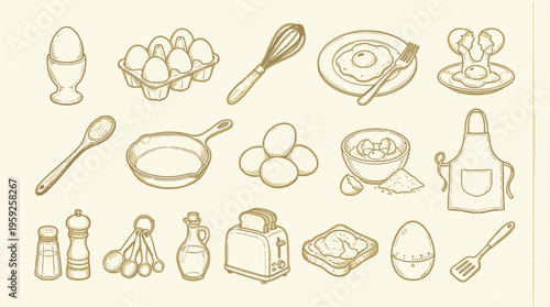 A charming collection of hand-drawn illustrations depicting various breakfast and cooking essentials, including eggs, utensils, and appliances, presented in a warm, sepia-toned style.