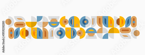 Abstract geometric shapes form repeating pattern. Colors include orange, blue, beige, brown. Minimalist design with flat aesthetic.