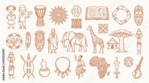 A comprehensive collection of hand-drawn illustrations depicting various elements of African culture, wildlife, and geography.