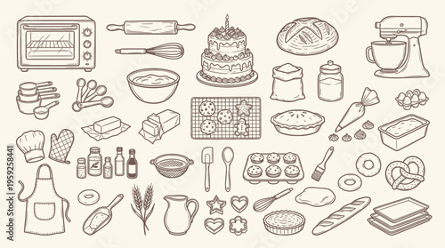 A comprehensive collection of hand-drawn baking ingredients, tools, and finished baked goods, illustrating the art of baking.