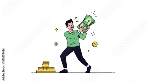 Happy young man holding a large stack of cash while celebrating his financial success and wealth beside a pile of gold coins.