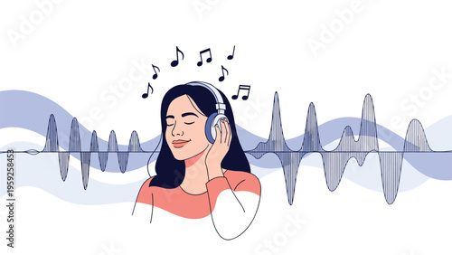 Calm woman wearing headphones while listening to relaxing music with abstract blue sound wave patterns in the white background.