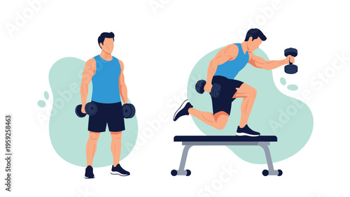 Athletic man demonstrating proper form for dumbbell lunges and standing exercises to showcase a full body workout routine.