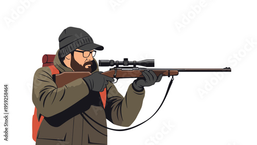 Professional hunter wearing glasses and a winter jacket while aiming a precision rifle with a telescope scope at a target.