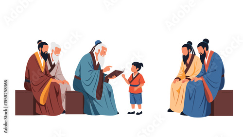 Wise teacher in traditional chinese robes instructing a young boy while a group of students watches the educational lesson.