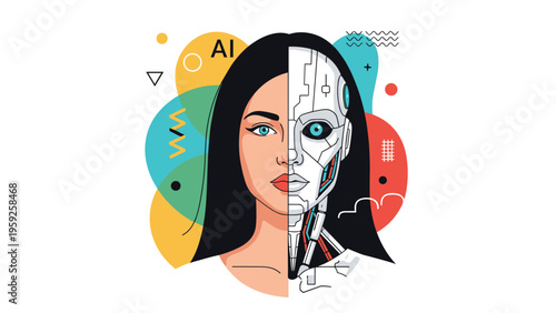 Conceptual illustration showing a woman face merged with a robotic half to represent artificial intelligence and future technology.