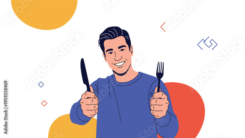 Happy young man expresses hunger and readiness for a meal while holding a knife and fork against a colorful background.